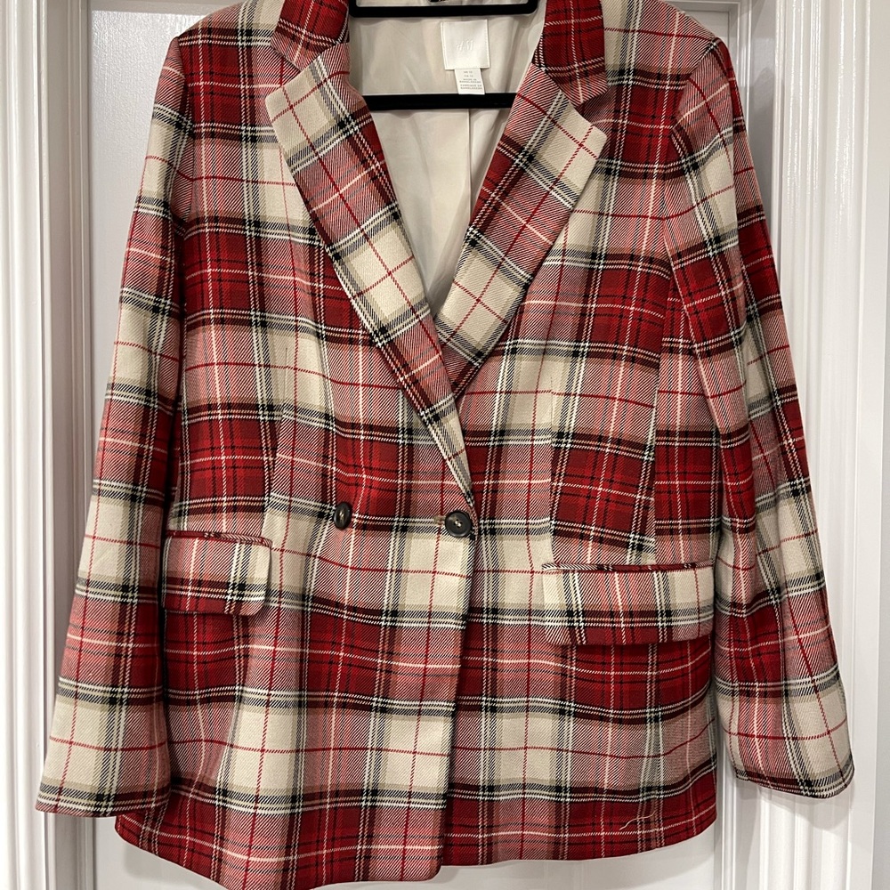 H&M DOUBLE-BREASTED PLAID BLAZER